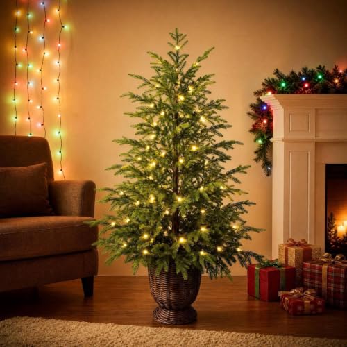 35.4in Large Artificial Christmas Tree with Fairy Light & Woven Basket - image 7