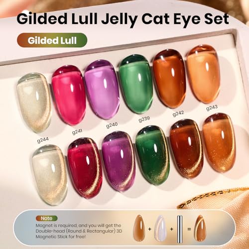 Image of Beetles Gilded Lull Cat Eye Gel Nail Polish Set, 6 Colors Jelly Cat Eye Kit | Jelly Red Green Brown Purple Silver Cat Eye Gel Nail Kit Gold Powder Magnetic Soak Off UV Salon DIY Manicure Gift for Women