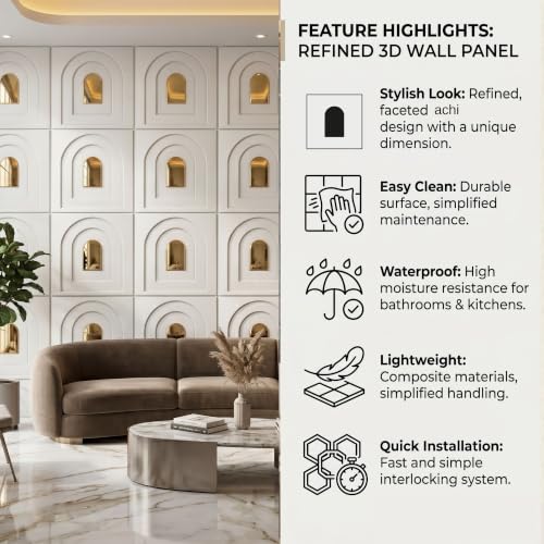 Image of Kayra Decor 3D PVC Wall Panels for Bedroom & Living Room | White Panel with Golden Mirror | Archi Design | 19.7 x 19.7 Inch | Pack of 18 | Covers 42.48 Sq Ft