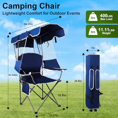 Image of Romswi Folding Canopy Beach Camping Chairs for Adult 2 Pack, Portable Outdoor Chairs with Sunshade,Cup Holder & Side Pocket for Camping, Fishing, Beach, Backyard, Navy
