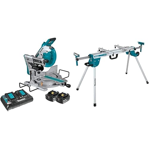 Makita XSL06PT 18V X2 (36V) LXT Lithium-Ion Brushless Cordless 10" Dual-Bevel Sliding Compound Miter Saw with Laser Kit (5.0Ah) with WST06 Compact Folding Miter Saw Stand