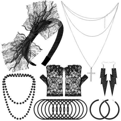 PAXCOO 80s Accessories for Women, 80s Jewelry Accessories for Women 80s Outfit Costume Accessories with Lace Headband Earrings Fishnet Gloves Necklace Bracelet for 80s Retro Party