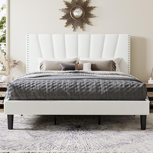 Image of Allewie King Size Velvet Platform Bed Frame with Adjustable Headboard White | Height-Adjustable Velvet Headboard, Rivet-Style Nailhead Trim, Wooden Slat Support, No Box Spring Needed, Easy Assembly