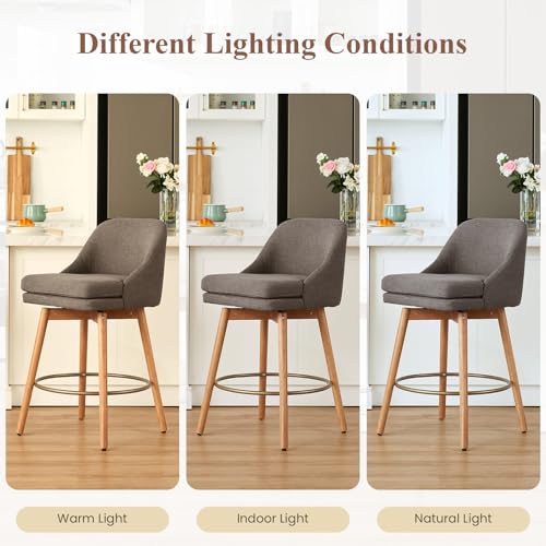 Image of kinmars Modern Bar Stools Set of 2,Swivel Counter Height Bar Stools with Soft Upholstered Back,Thick Seat,Wooden Legs, 27 inch Counter Stools for Kitchen Island (Brown, 2 Pieces - 27 inch Counter Height)