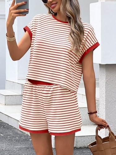 Image of Tankaneo Womens Summer 2 Piece Sets Striped Short Sleeve T Shirts and Shorts Loungewear Matching Set