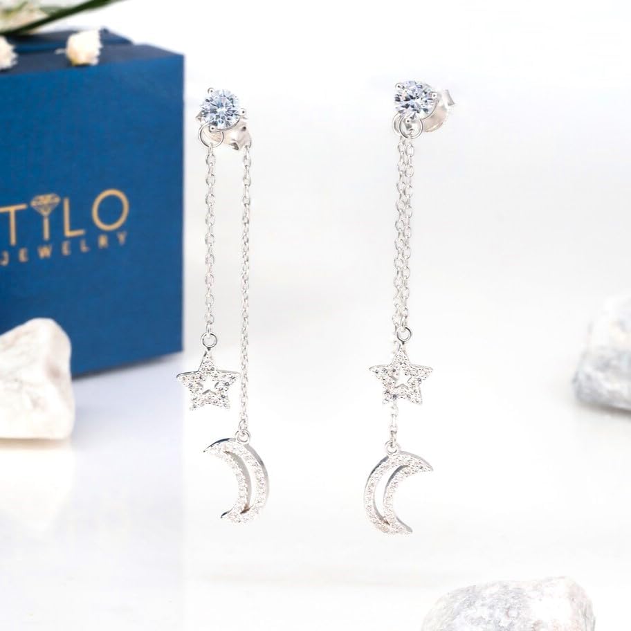 925 Sterling Silver Star and Moon Dangle Stud Earrings with Solitaire and Pave CZ, Womens Star and Moon drop earrings - Image 2