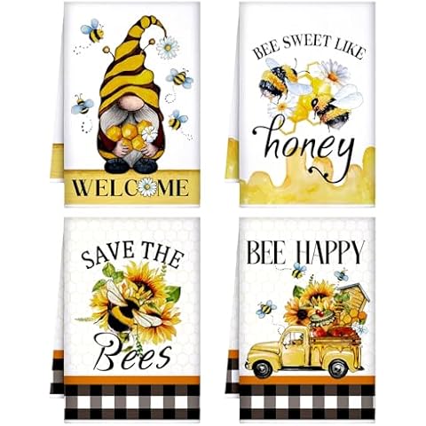 Tegeme 4 Pcs Bee Kitchen Towel Honey Bee Dish Towels Honeycomb Bath Tea Towels Bee Hand Polyester Towel Bee Cloths Absorbent for Kitchen Decor and Accessories 16 x 24 Inch(Yellow,Bee Gnome) Cover