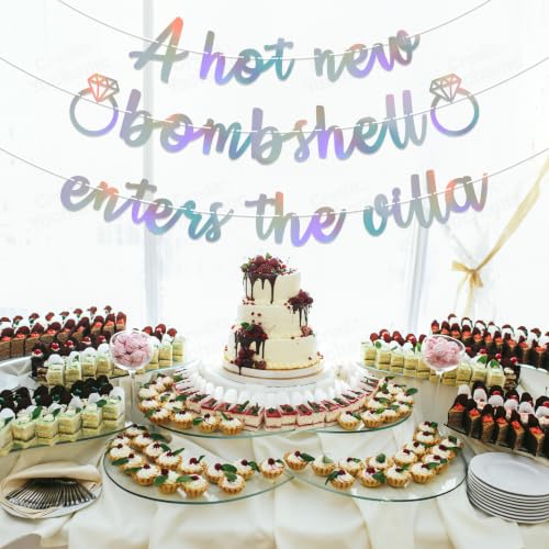 Image of A Hot New Bombshell Enters the Villa Banner Bachelorette Party Decorations Iridescent