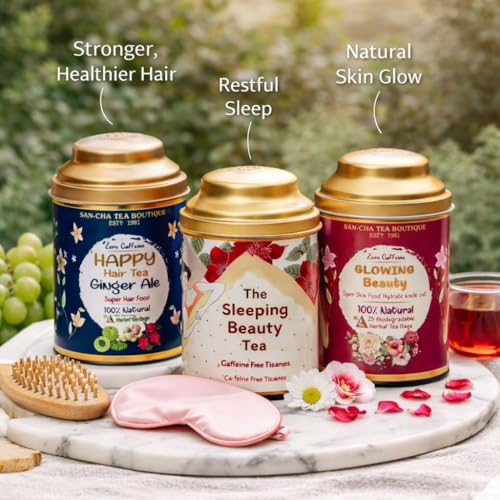 Image of Sancha Tea Boutique, Beauty Tea Bundle, 75 Pyramid Tea Bags, Glowing Beauty, Sleeping Beauty & Happy Hair Herbal Tisanes, Caffeine-Free Value Pack
