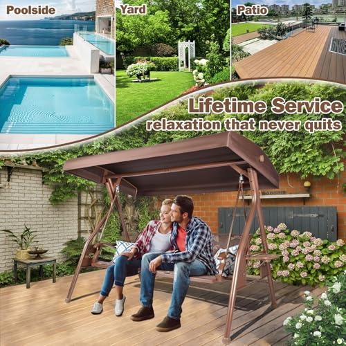 Image of ZZW 3 Person Patio Swing Outdoor Swing for Adults with Adjustable Canopy &Upgraded Cup Holders Textilene Fabric Porch Swing Chair with Stand Heavy Duty 800 LBS