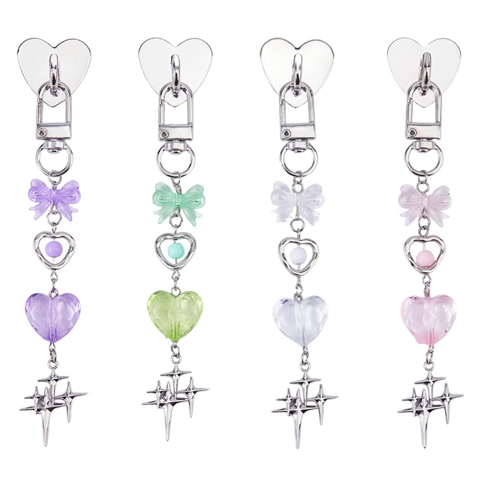 SUPERFINDINGS 4 Pièces Charme de Téléphone en Acrylique Chaîne de 12,5 cm Breloques Mignonnes pour Kindle Cœur Noeud Papillon Étoile Pendentif de Téléphone avec Fermoir à Pivot en Alliage