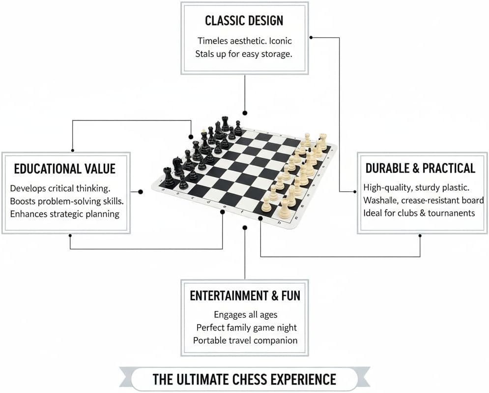 20" Silicone Chess Board Game Chess Set,4" King Tournament Chess Set Foldable Chess Board Mat,2 in 1 Travel Board Games for Kids and Adults, Ideal for Outdoor and Travel Use