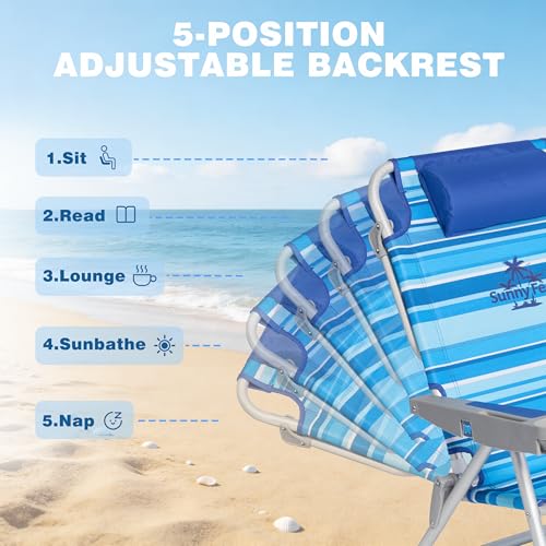 Image of SUNNYFEEL Extra Wide 28 inch Low Beach Chair 2 Pack 5 Position Lay Flat, XL Oversized Portable Folding Camping Chairs with Cup Holder for Outdoor /Trip, Foldable Backpack Beach Chair for Adults