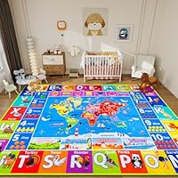 World Map ABC Kid Rug for Playroom Geography 59\"×39.4\" Classroom Play Rug Educational Baby Playmat Alphabet Carpet Primary School Fluffy Ployester Non-Slip Preschool Mat Nursery Room Learning