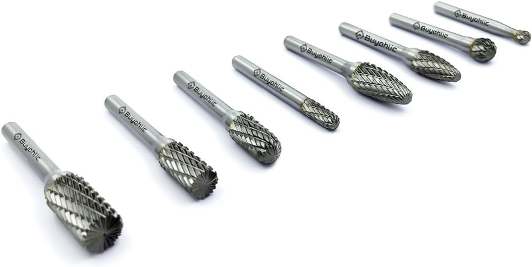 Buyohlic Set of 8 pcs Tungsten Carbide Burr Set 1/4" Shank Wood Stone Carving Cutting Engraving Grinder Kit