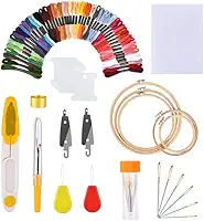 Kit Agulha Para Bordados Ponto Cruz + 5 Bastidores + Linhas 50 Cores