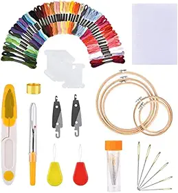 Kit Agulha Para Bordados Ponto Cruz + 5 Bastidores + Linhas 50 Cores