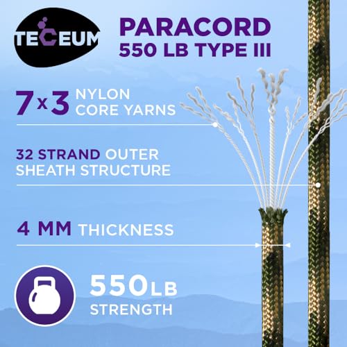 Image of TECEUM Reflective Paracord Rope 1000 - 1000ft /200ft /100ft /50ft - 40+ Colors - Glow in the Dark - para Cord - Utility Rope for Survival, Hunting & Camping Gear - Nylon String, Camping Rope, Tent Cord