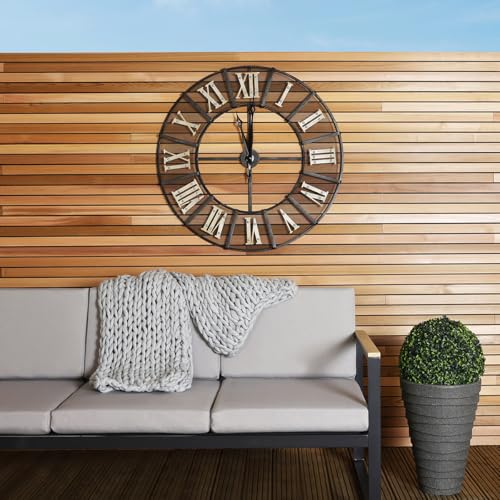 Image of CHARLES BENTLEY Wrought Iron, Outdoor, Garden, Patio, Metal Clock, Antique, Brass, Roman Numerals, Black & Antique Brass, Weather Resistant, Analog, Detailed, Batteries Required, Large (87x6x87cm)