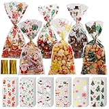 TOEKSIX Christmas Cellophane Treat Bags, 180pcs Christmas Treat Bags with 200pcs Gold Twists for Snacks Cookies Candies Packing, Christmas Candy Goodie Bags Party Favor Supplies