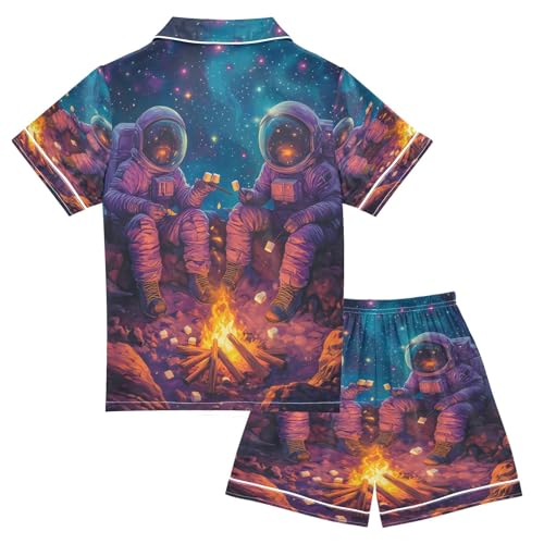 ALAZA Astronaut Starry Sky Fire Space Satin Pajamas Set Short Sleeve Button Down Sleepwear Summer Pjs 2 Piece2