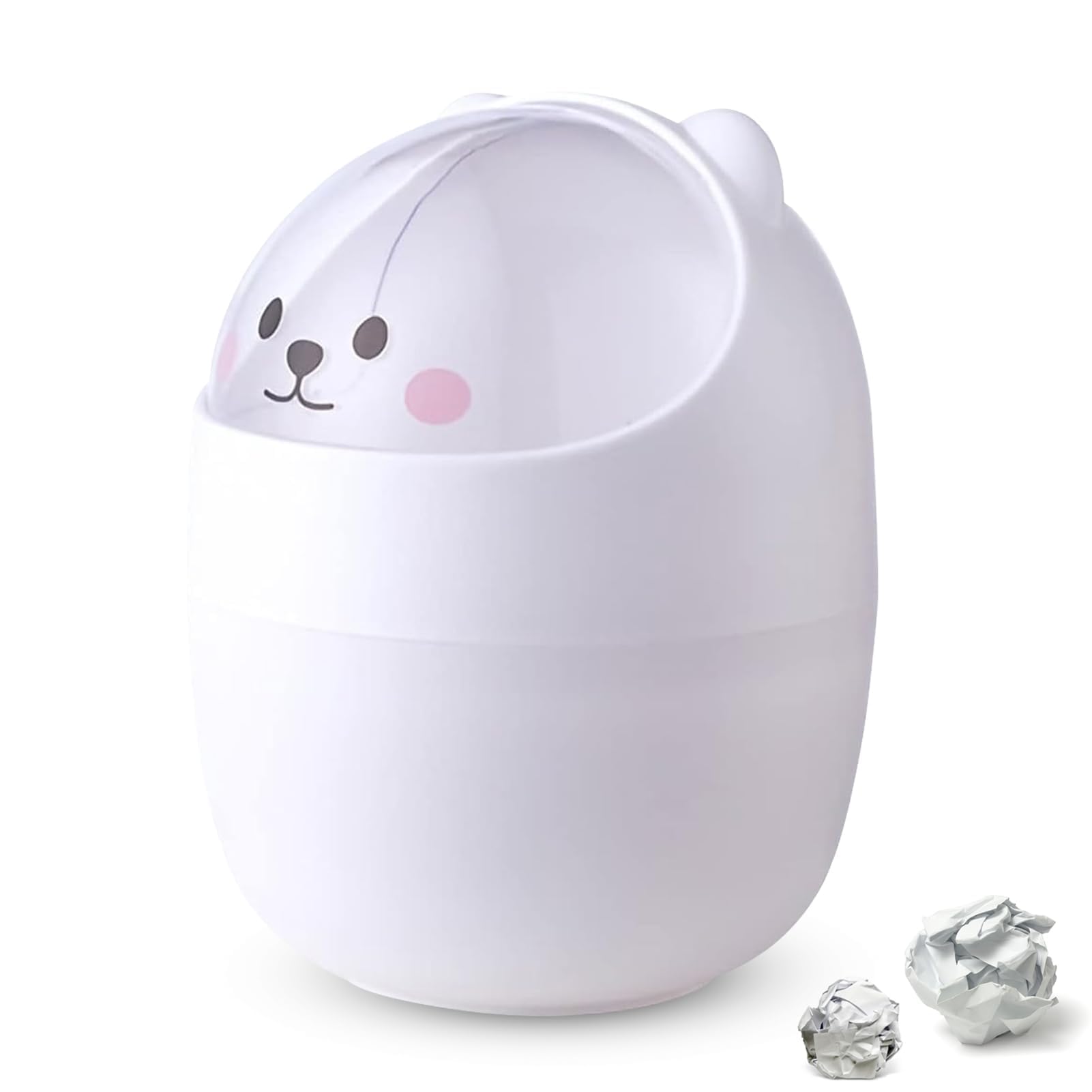 Cyrank Lindo Mini Bote de Basura de Escritorio, Cubo de Basura con Forma de Animal de Gato de Dibujos Animados con Tapa abatible Mini Bote de Basura de encimera pequeño Bote de Basura(Blanco)