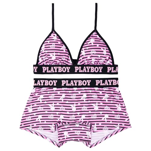 Playboy Amazon Exclusive Juniors Ensemble de sous-vêtements et Soutiens-Gorge pour Femme Imprimé Lapin Blanc sur Rayures Tailles XXS-XL, Lot de 2 Lapins...