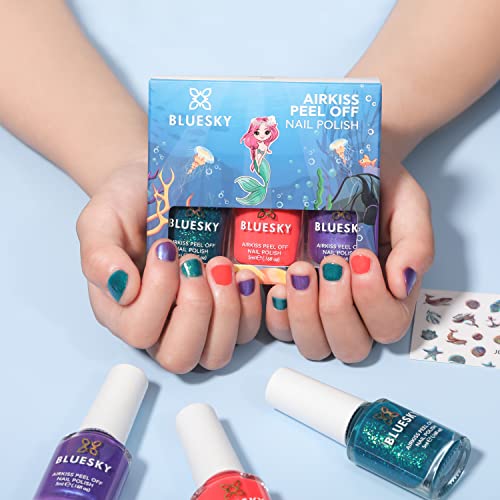Image of BLUESKY Kids Peel Off Glossy Finish Nail Varnish Set | Red, Green, Purple | Easy Peel-Off, Non-Toxic, Water- Based, Odour-Free Nail Polish For Kids, Gift Set 3 X 5Ml With Stickers