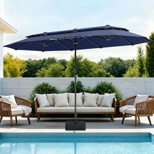 PHI VILLA 13ft Large Patio Umbrellas with Base Included 2-Tier Double-Sided Outdoor Market Rectangle Umbrella for Outside Blue
