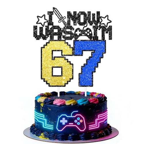 Colorato I WAS 6 NOW IM 7 Cake Topper 6 7 Birthday Decorations for Boy 7 Years Old Glitter 67 Cake Topper Birthday Party Supllies Black+Blue+Gold