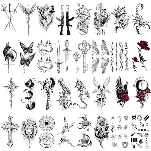 Qpout 32 Feuilles Noir Tatouages Temporaires pour Adultes, ImperméAble RéAliste Sexy Pirates Fleurs Papillon Faux Tatouage Autocollants pour Femmes Hommes...