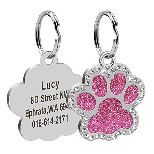 Didog Haustiermarken mit Glitzersteinen, Pfotenabdruck, personalisierbar, aus Edelstahl, für kleine, mittelgroße und große Hunde und Katzen, Pink Cover