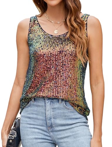 Ainuno Party Tops for Women Trendy Neon Rave Outfits Las Vegas Tops 2025 Sexy Sparkly Tank Top Womens Sequin Top Trendy Glitter Cool Sleeveless Shirt for Night Out Rave Concert,S