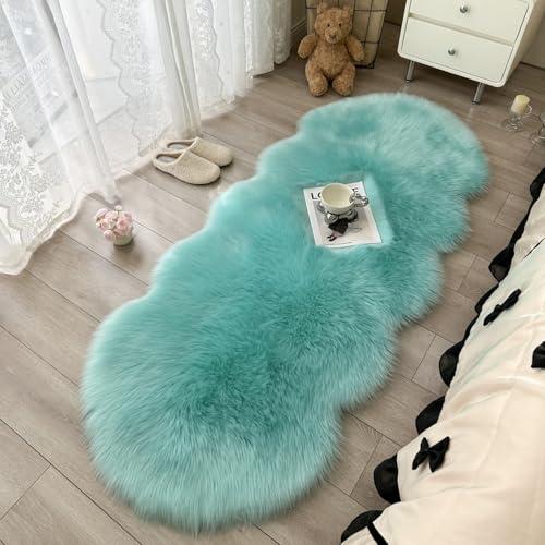 フェイクムートン フェイクシープスキンラグ ムートンマット カーペットラグマット 人工ウール 絨毯 滑り止め付 ふわふわ 柔らかい肌触り 長毛 洗えるムートン 椅子カバー ソファシートマット リビングルームラグ ベッドルームラグ (ターコイズブルー, 60