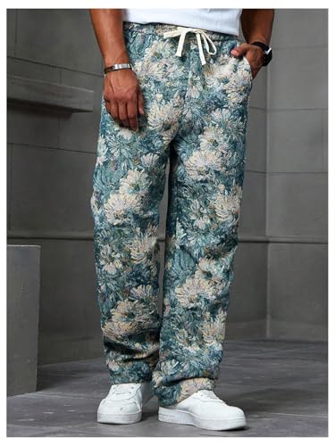 Men's Floral Jacquard Baggy Pants Retro Drawstring Waist Straight Leg Trousers with Pockets4