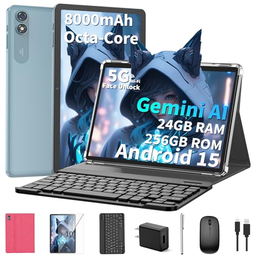 Image of 10 inch Android 15 Tablet, 2026 Tablet with Keyboard, 24GB+256GB+2TB Expand, Tablets PC with Gemini AI, 8000mAh Battery, 5G WiFi, Widevine L1, 2 in 1 Tablets with Case, Mouse, Stylus (Pink Case)