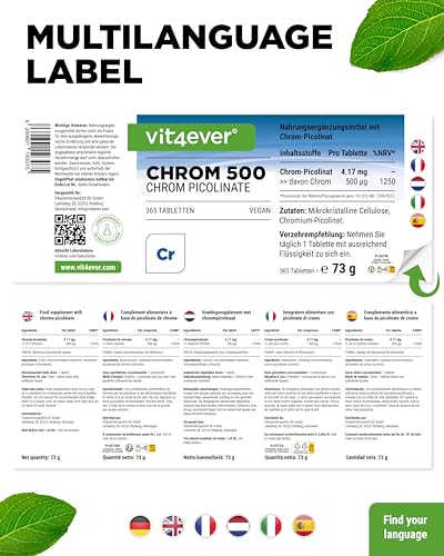 vit4ever Chrom aus Chromium Picolinate - Extra hochdosiert 500 mcg Chrom pro Tablette - 365 Tabletten - Laborgeprüft - Ohne unerwünschte Zusätze - Hochdosiert - Vegan