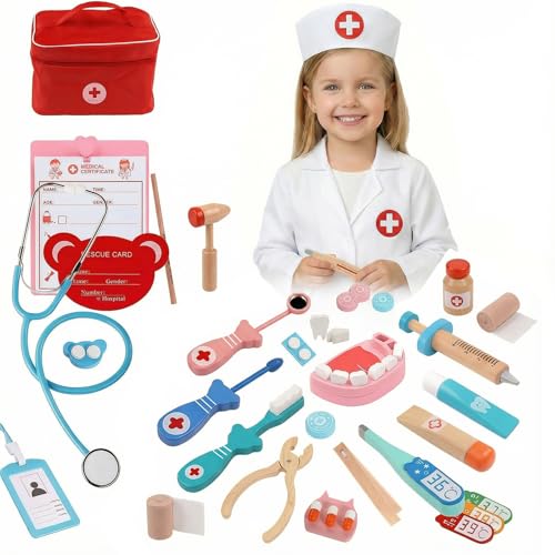 Mallette de Docteur pour Enfants avec stéthoscope, Blouse Blanche et calot, kit médical de Jeu d'imitation de 29 pièces incluant Blouse, Sac, thermomètre...