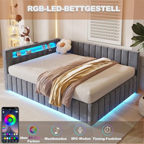 RIAZOS Polsterbett Schlafsofa 140x200, Doppelbett mit Hydraulischem Stauraum, mit LED-Licht und USB-Ladefunktion, Tagesbett Jugendbett mit Lattenrost, Samtstoff, ohne Matratze, Grau