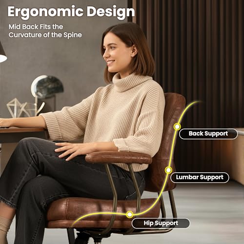 Image of ovios Ergonomic Office Chair, Mid Back Faux Leather Executive Chairs with Thick Cushion, Comfy Mid-Century Modern Swivel Rolling Computer Armchair (Dark Brown, Suede Leather)