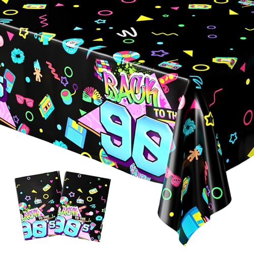 Image of Blue Orchards 90s Party Table Covers (Pack of 2) - Retro 90s Theme 54 x 108 Inch XL Plastic Tablecloth, Back to the 90's Party Decorations, 1990s Hip Hop Throwback Birthday Decor for Adults