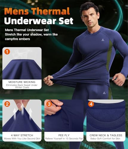 Image of Mens Thermal Underwear Long Johns Set Cold Weather Hunting Base Layer | Fleece lined top & bottom. Moisture wicking, 4-way stretch. Ultimate warm winter gear for skiing, work & outdoor sports