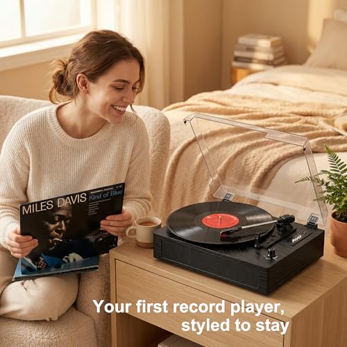 Image of Vinyl Record Player with Bluetooth, 3-Speed Belt-Drive Turntable with Built-in Speakers, Easy Setup for Beginners, USB Recording, RCA /AUX /Headphone Jack, Classic Black Wood Design