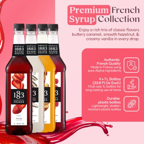 Image of 1883 Strawberry, Raspberry, Peach, Coconut Syrups (Soda Flavors) for Drinks - 1 Liter Plastic Bottles (Pack of 4)