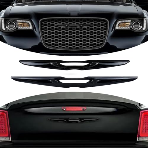 Image of Black Front Bumper Grille Emblem Cover Compatible with Chrysler 300 300C 2015+ Overlay Rear Badge Emblem Cover Trim Kit Exterior Accessories