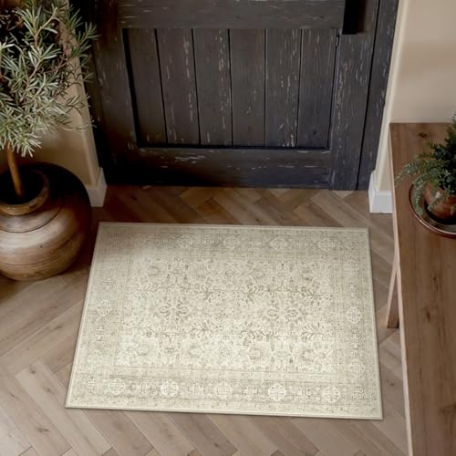Beige Entryway Rug 2x3 Vintage Area Carpet Indoor Kitchen Washable Door Mat Living Room Entrance Small Low Pile Traditional Distressed Retro Accent Th