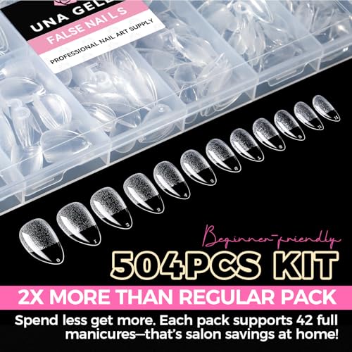 UNA GELLA Short Almond Nail Tips: 504PCS Short Fake Nails Soft Press On Gel Nail Tips Pre Shaped Almond Shape Home Nail Extension Full Cover, 12 Sizes Acrylic Gelly Tips