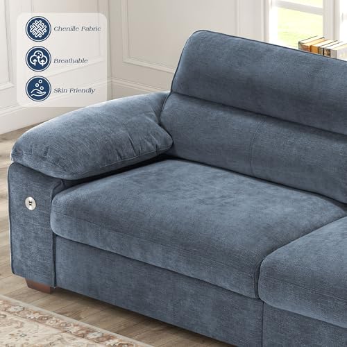 Image of WorthFurni Sofas for Living Room, Chenille Pillow-Armrest Loveseat Couch Set, Small Sofa, 3 Seater Sofa, USB Charging, Removable Sofa Cover, Solid Wood Frame, Easy to Install (90.5 inch, Blue)