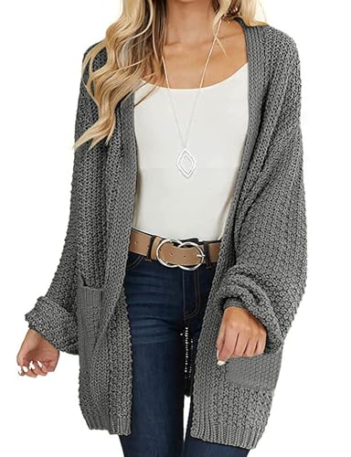 MEROKEETY Women's 2025 Fall Open Front Chunky Knit Sweater Oversized Lantern Sleeve Cardigan Outwear, Darkgrey, Medium