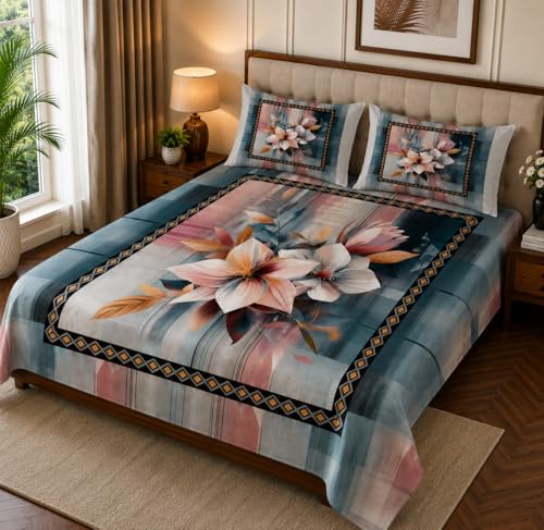Image of 7D Digital Printed King Size Bedsheet with 2 Pillow Covers | Soft Premium Cotton Feel Microfiber Double Bed Bedsheet |Breathable,Wrinkle Free & Fade Resistant|(MultiFloral,KingSize-225x250CM)